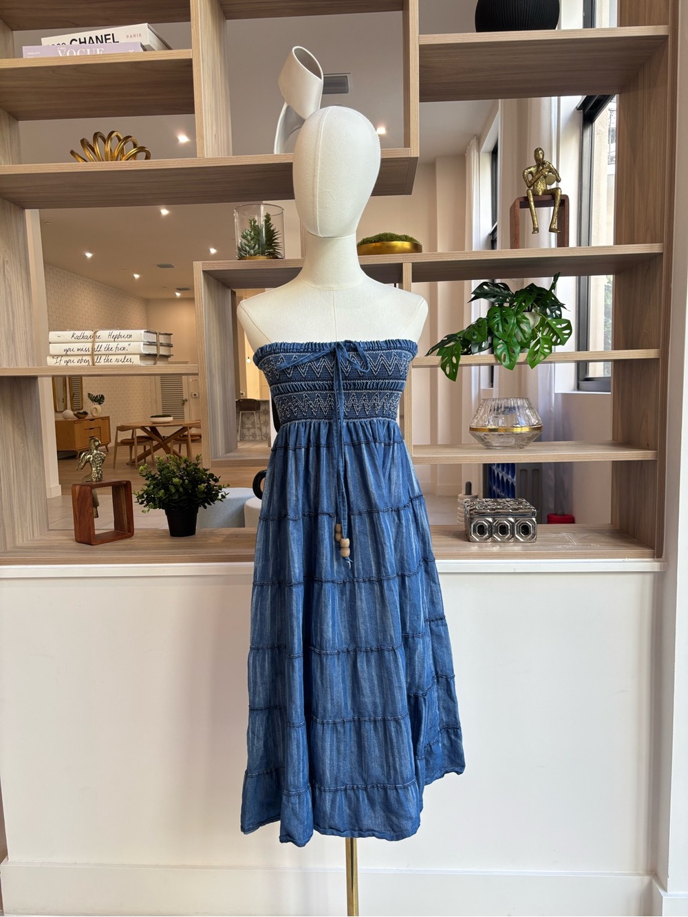 Smocked Strapless Denim Blue Midi Dress